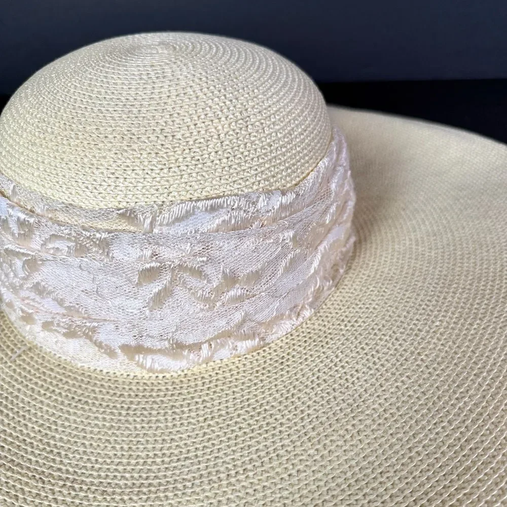 Whittall & Shon Wide Brim Straw Hat Lace Knotted Wrap Summer Derby Garden Party